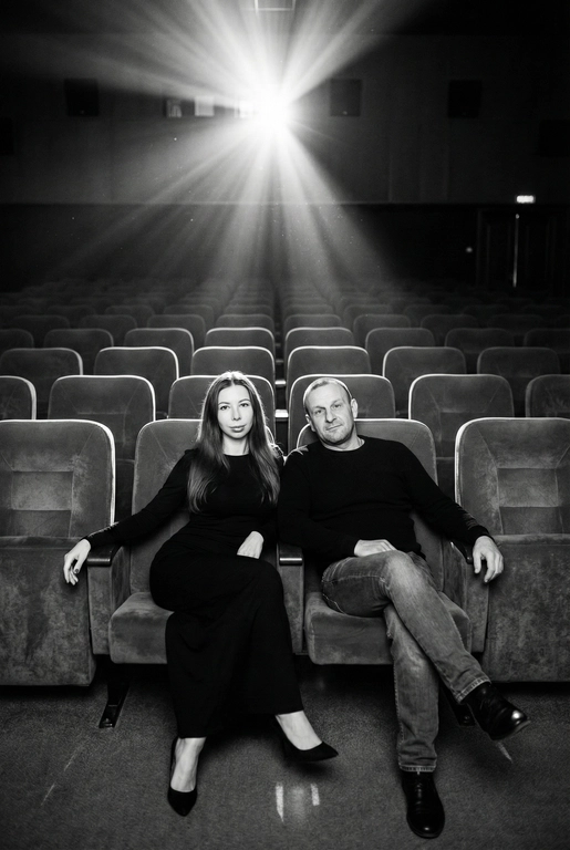  Кинематографичный чёрно-белый портрет пары в пустом кинозале.
Женщина и мужчина сидят рядом в мягких креслах кинотеатра.
кадр с глубоким пространством и пустыми рядами кресел позади них. Женщина черном длинном обтягивающем платье, поза женственная и спокойная, одна рука на подлокотнике.
Мужчина в черном свитере и в джинсах, сидит расслабленно.
Над ними яркий луч проектора, и выразительные блики.