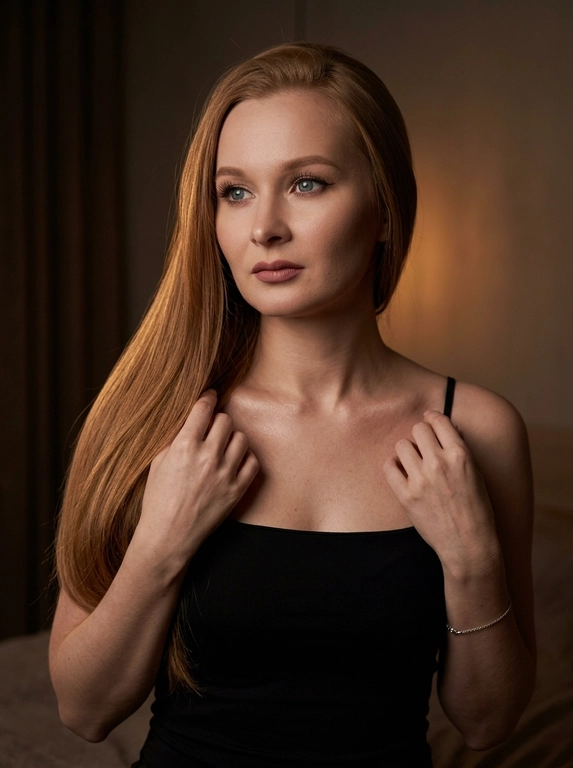 Ultra-realistic cinematic fashion portrait, moody editorial style. Elegant, refined, sophisticated atmosphere. Waist-up shot. A woman in soft low light, both hands raised near the collarbone, fingertips lightly touching the thin straps of her top, elbows relaxed and lowered, shoulders soft. Head slightly turned to the side, thoughtful gaze directed away, calm and confident expression. Long dark hair falling over one shoulder. Evening glam makeup: defined winged eyeliner, full lashes, soft face contouring, dusty-rose matte lipstick. Fitted black sleeveless top with thin straps and a square neckline, matte fabric; delicate silver bracelet on the wrist. Minimalist warm dark-toned interior, plain softly textured background fading into deep shadow, subtle warm light on the wall behind. Low-key lighting, soft warm side light emphasizing the collarbones, shoulder line and cheekbones. Deep cinematic shadows for volume and dramatic mood. 85mm f/1.4, shallow depth of field, focus on the eyes and face, soft background blur. Natural realistic skin texture, visible pores, no plastic retouching.

Какая будет прическа?: Волосы: перекинутые на одно плечо. Текстура волос гладкая и шелковистая, с отдельными тонкими прядями, подсвеченными теплым светом.