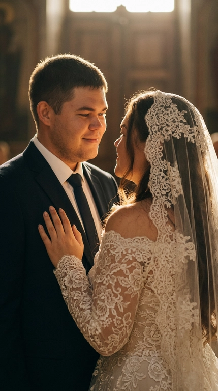 A realistic and believable shot of a couple.

Pose
The man and woman stand half-turned toward each other, creating a romantic and intimate moment. The man is on the left, softly gazing at the woman with a smile, his body slightly turned toward her. The woman stands with her back to the viewer, but has turned her head in profile to meet her partner's gaze. Her right hand rests gently on the man's chest, emphasizing the couple's closeness.

Angle
The photograph is taken from eye level, mid-ground (waist-length). The camera is positioned to focus on the couple's interaction and emotions, shifting slightly to the side to capture both their profiles.

Clothing
The man is wearing a classic dark suit with a white shirt and a dark tie. The woman is wearing an off-the-shoulder wedding dress with long lace sleeves. The dress is richly decorated with a floral lace pattern, which also extends to the long, flowing veil covering her head.

Lighting
This is the key element of the photograph.  A backlighting effect (light coming from behind the couple) is used, creating a bright golden outline (halo) around the silhouettes. The light is soft, warm, and diffused, highlighting the edges of the couple's hair and veil, giving the scene a fairytale-like, ethereal quality. The couple's faces are softly lit, with emphasis on their profiles.

Camera Effect
A shallow depth of field is used, blurring the background completely, focusing attention solely on the couple. A subtle glow (soft focus or bloom effect) softens the contours and adds a cinematic, dreamy feel to the image. Color grading is done in warm tones.

Background
The background is virtually indistinguishable due to the intense blurring and specific lighting. It can be assumed that this is a dark or subdued room, like a church, where the focus is solely on the glowing spot behind the couple.

Hairstyle
The woman's hair is partially hidden by the veil covering her head; the veil must remain on her head. DO NOT CHANGE THE FACIAL FEATURES; THEY SHOULD BE THE SAME AS THE REFERENCE PICTURE.