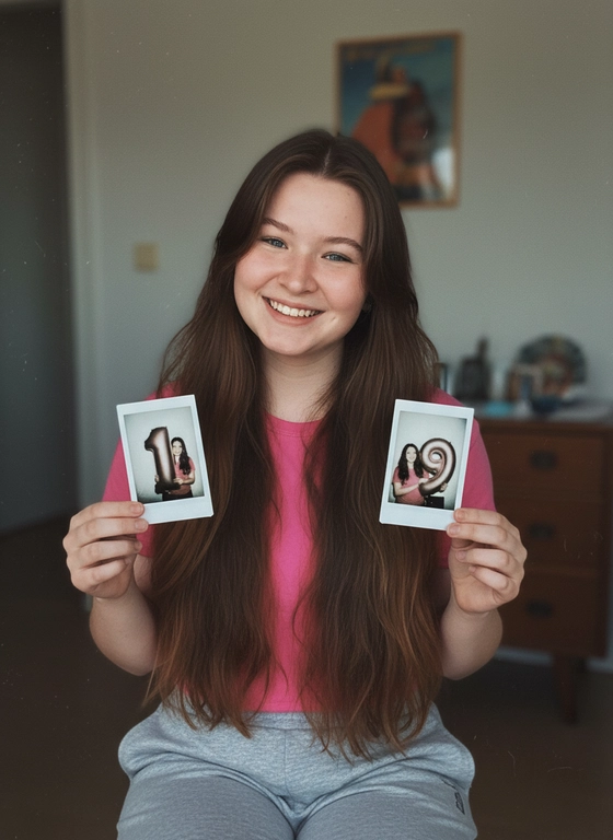 Создай фото с девушкой что на загруженной фотографии, черты лица не изменять, длинные распущенные волосы. На фото в руках два полароидных снимка. На первом девушка держит надутый шар цифры один, на втором снимке девушка держит надутый шар цифры девять. Девушка одета в серые спортивные штаны и розовую футболку. Счастливо улыбается, в кадр. Снимок в стиле ретро.