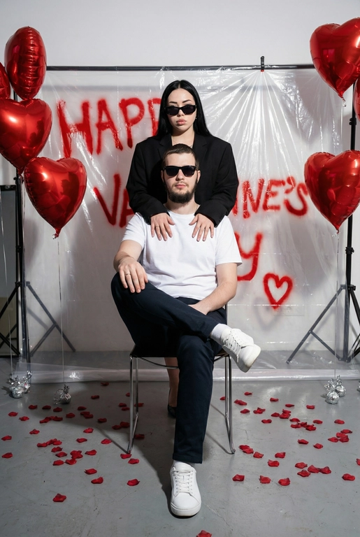 Фотореалистичная редакционная фотосессия пары ко Дню святого Валентина в студии. Фотозона как на референсе: белая студия с прозрачной плёнкой, натянутой на стойках. На плёнке — красные граффити-надписи "Happy Valentine's Day" и сердца в стиле спрей-арта, создающие дерзкий и контрастный фон. По бокам — студийные стойки и красные воздушные шары в форме сердца, на полу разбросаны красные лепестки роз. Атмосфера — современная, fashion, с лёгким арт-хаосом.

Поза и композиция: Крупный план до бедер, мужчина сидит на стуле по центру кадра в позе нога на ногу, уверенная расслабленная поза, его голова немного наклонена в сторону. Девушка стоит за ним, близко, её руки лежат на его плечах или слегка касаются шеи. Между парой ощущение близости и доминирующей, уверенной энергии девушки.
Одежда:
— Мужчина: белая футболка без принтов, тёмные брюки, белые кроссовки. Тёмные очки как fashion-акцент.
— Девушка: чёрный пиджак свободной посадки. Тёмные очки как fashion-акцент.
Выражения лиц: мужчина смотрит в камеру уверенно и спокойно. Девушка смотрит в камеру или слегка сверху вниз, с холодной, контролируемой эмоцией.
Свет: жёсткий студийный свет с акцентом на лица и текстуры, чёткие тени, высокий контраст.
Композиция: вертикальный кадр, пара по центру, фон полностью читается.
Стиль: фотореализм, модная редакционная съёмка, высокая детализация, современный fashion-editorial.