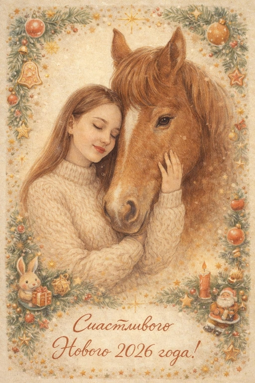 Создай новогоднюю открытку в сказочном, иллюстративном стиле.
Нежная живописная иллюстрация: человек в уютном вязаном свитере обнимает лошадь, прижавшись щекой к её морде. Лошадь спокойная, тёплого рыже-каштанового оттенка, с мягким выражением глаз.
Композиция центральная, фигуры по пояс, ощущение близости, тепла и доверия.
Фон светлый, кремовый, с текстурой старой бумаги.
Вокруг — декоративная рамка из звездочек и новогодних символов в стиле советских и европейских открыток середины XX века.
Цветовая палитра мягкая, пастельная: бежевые, молочные, карамельные, теплые коричневые оттенки.
Лёгкий эффект акварели, мягкие штрихи, ручная иллюстрация, без фотореализма.
Тонкое зерно, эффект печатной открытки, слегка выцветшие краски.
Атмосфера: уют, сказка, тепло, спокойствие, новогоднее чудо.
В нижней части открытки — надпись: «Счастливого Нового 2026 года!»
Шрифт рукописный, элегантный, винтажный, гармонично вписанный в композицию.