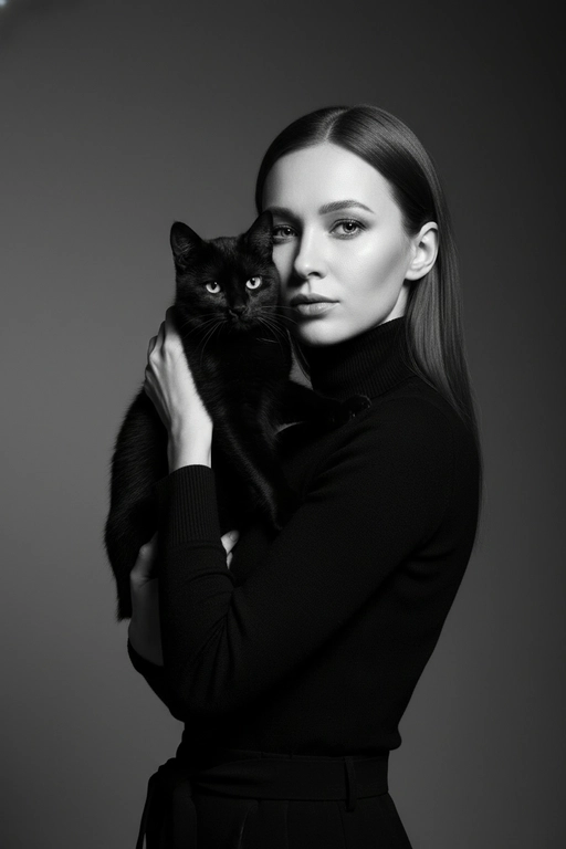 Высококонтрастный черно-белый портрет женщины в черной водолазке, держащей чёрную кошку у лица. Композиция напряжённая и интимная: оба персонажа смотрят прямо в камеру с одинаковой интенсивностью. Яркое и направленное освещение создаёт глубокие тени и подчёркивает контраст между их бледной кожей и тёмной шерстью кошки. Выражение её лица спокойное и уверенное, глаза подведены чётко, а гладкие прямые волосы естественно ниспадают на одно плечо. Фон - градиент от серого к темно-серому. Общее настроение таинственное, элегантное и кинематографичное, напоминающее портрет из модного журнала с готическим подтекстом.