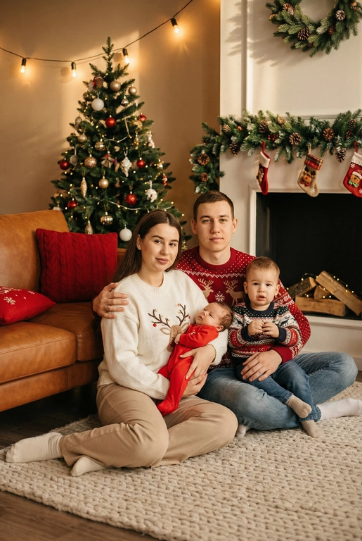   Создай трогательный кадр из профессиональной фотосессии в студии, где запечатлен момент семейной близости. Люди на фото могут быть как взрослыми так и детьми, в зависимости от предоставленных фото. Сделай так, чтобы все они смотрелись гармонично и трогательно. Фото в стиле Энни Лейбовиц, четкий фокус.

Люди в расслабленных позах на низком коричневом кожаном диване и на плотном светлом вязаном ковре. Естественные прически и минимальный макияж. 

Студия украшены в рождественском или новогоднем стиле, рядом с диваном стоит елка, позади дивана камин. Каминная полка украшена еловой гирляндой, шишками и маленькими рождественскими носочками. На диване красные декоративные подушки. В студии висят теплые гирлянды и мягко светятся.  

На фото видно лица людей и они смотрят в камеру.
 
Освещение мягкое, естественное, теплое, в стиле "Золотой час", мягкие тени, камера на уровне глаз, теплый цветовой грейд (золотисто-коричневые тона), натуральные оттенки, тонкая ретушь, мягкая пленочная текстура, атмосфера уюта, семейного тепла и близости. Одежда в новогоднем стиле: уютные свитера - красного или белого цвета, с узорами или вышивкой оленя, джинсы и бежевые брюки 

 Фотосейсия семейная 
Девушкам мужчиной и двое детей 
Одному полтора года другому два месяца 
   Не изменя не у кого черты лица лица у всех без фотошопа  и без фильтров естественная семейная фотосейсия 



 Фотосейсия семейная   Мужчина девушка 
