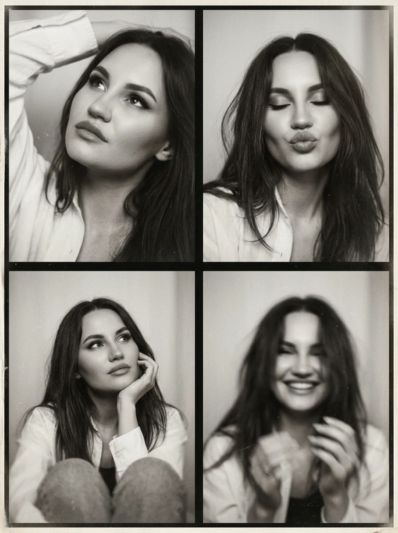 Photorealistic black-and-white vintage photobooth collage made of four frames in a 2x2 grid, separated by thin black dividers and surrounded by a slightly uneven paper border. Each frame shows the same woman in an intimate studio/photobooth setting against a plain light backdrop, captured with an authentic analog look: heavy film grain, soft contrast, halation, dusty scan artifacts, subtle scratches, and mild vignetting. Overall feel: 1990s/ early-2000s editorial photobooth print, raw and unretouched, candid "caught-between-moments" mood.
Use the uploaded photo as the basis and preserve the woman's face, makeup, likeness, and all original features without changing proportions or shape; keep natural facial micro-detail, pores, and subtle asymmetry, preserve the original head size.
Frame 1 (top-left): tight close-up, head tilted up and to the left, eyes looking upward, one arm raised behind the head, dreamy
Frame 2 (top-right): medium close-up, eyes closed, head slightly tilted, she subtly pushes/pouts her lips forward to show them (soft pout), calm playful mood; hair framing the face.
Frame 3 (bottom-left): medium close-up, seated with knees softly out of focus at the bottom, chin resting on one hand, gaze looking up to the right, thoughtful expression.
Frame 4 (bottom-right): medium close-up, the woman is laughing, but the frame is strongly blurred-heavy motion blur/defocus as if she moved during the shot; smile and face still recognizable, edges smeared, hair and hands noticeably streaked, imperfect photobooth misfire energy.
Print/scan look: monochrome with warm gray tones, slightly faded blacks, uneven exposure between frames, faint light leaks, paper texture visible, edges not perfectly straight, like a scanned photobooth print. High resolution, but intentionally imperfect, analog realism.