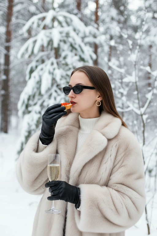 Создай портрет, не меняя черты лица. Элегантная женщина в стиле «Slavic Girl» позирует на фоне заснеженного зимнего леса. На ушах золотые серьги круглой формы, золотого цвета.  Она одета в роскошную объемную шубу из светлого меха, белый свитер с высоким горлом, черную повязку на голову и стильные черные узкие солнцезащитные очки. Ракурс в полупрофиль. На руках — черные кожаные перчатки. В одной руке она держит бокал игристого шампанского, а другой ест бутерброд с красной икрой. Атмосфера роскоши, зимняя эстетика, мягкое естественное освещение, высокое качество, реализм. Не менять мою прическу. Без повязки.
