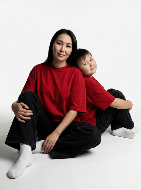 Гиперреалистичная фотография. Качество 8К. Используя портретное сходство с людьми с фотографий, создай фотографию: женщина в красной оверсайз свободной футболке и свободных черных джинсах, белых носках. Ребенок одет в красную оверсайз футболку, черные свободные джинсы и белые носочки. Женщина сидит на полу, согнув колени, смотрит прямо в кадр с еле заметной улыбкой. Сзади женщины в такой же позе сидит ребенок облокотившись спиной к спине женщины, с легкой улыбкой. Темный стиль модного редакционного журнала, глубокие тени и драматическое студийное освещение, белый фон, элегантная и мощная композиция, ультрареалистичный, высокая детализация, художественный портрет.
