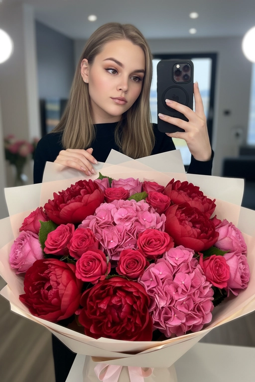 На фото — интерьерная зеркальная селфи-композиция на айфон 16 pro. Центральный объект в кадре — девушка в чёрной рубашке. Макияж естественный, длинные ресницы, блеск на губах. Сходство 100%. Девушка держит телефон в правой руке, аппарат в тёмном (чёрном) чехле с модулем камеры в верхнем углу: заметна круглая конфигурация объективов. Левой рукой она опирается на поверхность стола или пола позади большого букета. Ногти аккуратно накрашены в светлый оттенок. На переднем плане очень крупный пышный букет, упакованный в бумагу пастельных тонов. На фоне современный домашний интерьер. Букет в красной гамме, цветы: крупные махровые пионы/розы/гортензии или похожие по форме рuffled-бутоны разной интенсивности розового. 