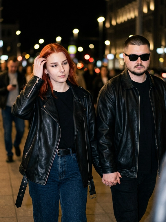 Ultra-realistic nighttime paparazzi-style photograph. A candid shot of a couple walking at night. The woman walks in front, brushing her hair back with one hand, while the man walks slightly behind her at a diagonal angle. They are holding hands. The camera is positioned slightly above eye level with a close zoom.
Preserve the celebrity magazine photography aesthetic exactly.
The faces MUST NOT change. The original facial features, eyes, nose, lips, hairline, and skin texture must remain completely identical. There should be no AI-generated look.

The man is wearing a loose oversized black leather jacket and Ray-Ban sunglasses. Charismatic, wealthy, and stylish look.
The scene is shot at night with a harsh paparazzi flash. In the background, there are blurred city lights and the atmosphere of a luxury venue. The photo should look as if a celebrity couple was secretly photographed by paparazzi, natural yet professionally captured.
Canon EOS R5, 85mm lens, ultra-realistic skin texture, cinematic lighting, natural motion, Vogue and celebrity magazine aesthetic.
IMPORTANT:
* The woman walks in front, the man walks behind.
* The woman appears to be brushing her hair back with one hand.
* The woman and man are holding hands.
* The shot should look as if a paparazzi flash has just fired.
* Do not alter, beautify, or transform the faces into different people.

Выберите одежду для девушки: : The woman is wearing a casual, slightly oversized, black leather jacket, similar to a man's. Underneath, she wears a figure-hugging black T-shirt, casually worn with dark blue straight jeans and a black leather belt. A chic street style look.