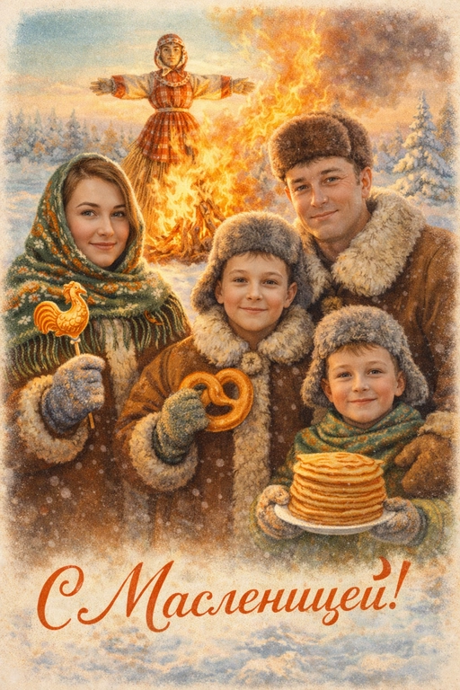  Создай винтажную открытку из предоставленных фотографий. Не меняй внешность, возраст, черты лица и индивидуальные особенности.
Стиль — советские сказочные открытки 1950–1970-х годов: мягкая живописная иллюстрация, тёплая палитра, ощущение уюта, лёгкая художественная детализация, деликатное зерно.
Композиция и формат:
Одежда: в традиционной славянской зимней одежде (шапки, полушубки, платки, варежки).
В руках могут быть традиционные угощения (сахарный петушок на палочке, крендель, стопка блинов на тарелке).
На заднем фоне — большая горящая Масленица (чучело на костре).
Зима, золотой час, мягкий тёплый свет.
Качество 8K.
Надпись: «С Масленицей!»
Шрифт — изящный, рукописный, сказочный, в стиле советских открыток.

