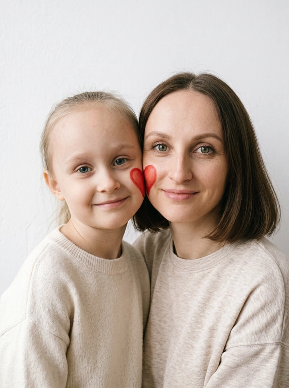 Не меняй внешность и черты лица «вертикальная фотография, мягкий студийный свет с эффектом вспышки, крупный план, умеренный контраст, лёгкая плёночная зернистость, винтажный документальный стиль.
Минималистичный светлый фон (чистая стена). Щёки людей соприкасаются. На щеке первого человека (слева) — половина сердца, на щеке второго человека (справа) — вторая, вместе образуют одно сердце.
Оба смотрят в камеру: у моделей спокойная теплая улыбка. 


Какая будет одежда?: Естественный внешний вид, уютная светлая повседневная одежда.