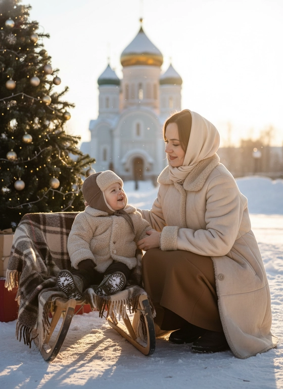 Ультрареалистичный портрет 8к 
Кинематографический эффект с 
Мама и сын 1 год на деревянных саночках укрытых пледом у православной церкви зимой в Рождество 
Рядом новогодняя елка 
Мама присела на корточки и смотрит на сына. 
сын прижимается к маме. 
У мамы безупречная, сияющая естественная кожа с мягким матовым покрытием, тонкий и изысканный контур, безупречно ухоженные брови с естественной полнотой, объемные и перистые ресницы, губы пухлые матовый нюд 
Солнечно 
Женщина в светлом платке и светлой дубленке, коричневой длинной юбке и на ногах зимние сапожки (угли),Мальчик,в шапке ушанке, бежевой дубленке, валенках и темных штанишках
Не меняй черты лица людей , их цвет и длину волос, сделай фото, согласно возрасту 