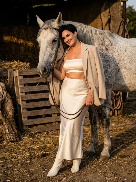 Фотореалистичная lifestyle fashion-фотография женщины на загородной конюшне рядом с крупной бело-серой лошадью. Женщина стоит практически вплотную к лошади, слегка прислонившись к ней,  держит повод.

Лошадь занимает значительную часть кадра, её голова расположена рядом с лицом женщины. На заднем плане сухая земля, деревянные паллеты, стога сена и тёплая природная фактура.

Тёплое низкое вечернее солнце, золотистый свет, глубокие естественные тени, cinematic countryside fashion photography, богатая текстура шерсти лошади, ткани одежды и соломы. Камера на уровне груди, объектив 35–50 mm, вертикальный кадр, высокая реалистичность, без текста, логотипов и водяных знаков.

Какая будет одежда?: На женщине роскошный летний комплект в стиле luxury countryside: короткий топ-бандо из плотного шёлка мягкого сливочного оттенка и длинная струящаяся юбка макси с высокой посадкой в тон также из плотного шелка. Сверху небрежно накинут пиджак светло-песочного цвета. На ногах изящные короткие ботильоны из молочной кожи с острым мысом. Образ выглядит очень женственно, дорого и кинематографично, с красивым контрастом между мягким шёлком и фактурой загородной конюшни.