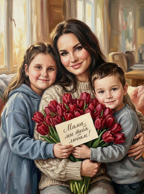Схожесть 100%, не менять черты лица. Гиперреалистичные вертикальное изображение — точная копия персонажей с референсной фотографии. Персонажи с фотографии мягко улыбаются и обнимают огромный букет красных тюльпанов. Все персонажи одеты в нейтральную повседневную одежду без ярких деталей. Стиль: густая масляная живопись с выраженными мазками (oil painting, heavy brushstrokes). В букет вставлена открытка. На открытке каллиграфическая надпись. Мягкий солнечный свет, малая глубина резкости, создающая ощущение уюта и тепла.

Какая будет надпись?: На открытке надпись "Мама, мы тебя любим! "