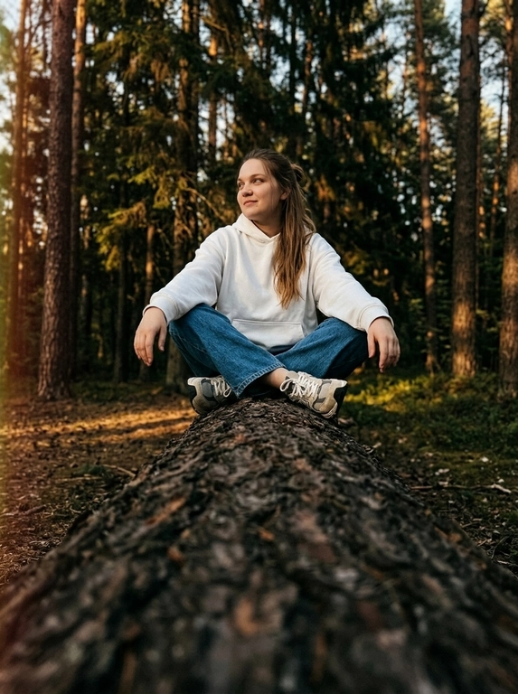 Объектив 35mm, f/1.8, камера расположена очень низко прямо вдоль массивного поваленного дерева, создавая сильную перспективу переднего плана — текстура коры крупно размывается к камере и уводит взгляд к модели. Модель сидит на бревне по-турецки, ноги скрещены перед собой, локти расслабленно опираются на колени, кисти свободно свисают между ног. Корпус слегка подан вперёд, плечи расслаблены, голова повёрнута в сторону, на лице мягкая улыбка без зубов, взгляд направлен вдаль мимо камеры, создавая спокойную уютную атмосферу caught candid moment. На ней белое oversize худи из плотного премиального хлопка с объёмным капюшоном и длинными рукавами, синие свободные джинсы с потёртостями и слегка выцветшей текстурой денима, на ногах белые кроссовки в стиле New Balance с массивной подошвой. На глазах узкие прямоугольные солнцезащитные очки Miu Miu без оправы с серыми зеркальными стёклами. Высокие хвойные деревья вокруг, cinematic forest atmosphere, тёплый вечерний свет проходит сквозь ветви, глубокие тени и мягкие золотисто-коричневые оттенки, moody underexposed fashion photography, intentionally lowered exposure, rich shadows, subtle warm highlights, лёгкая плёночная зернистость, RAW photo, реалистичная текстура кожи, объёмное боке, luxury Pinterest editorial aesthetic.

Какая будет прическа?: Без очков