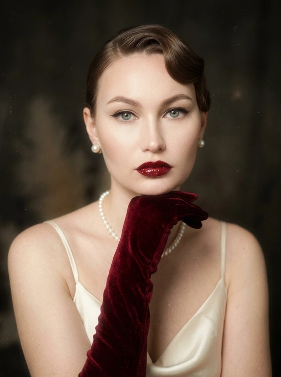 Фотореалистичная художественная fashion-фотография в винтажном стиле, эстетика old-money vintage fashion. Крупный портрет: кадрирование от верхушки головы до верхней части груди/ключиц, лицо занимает большую часть кадра. 
Описание человека: возьми загруженное фото за основу, сохрани лицо.
Образ и детали : классический ретро-glamour. Макияж: ровный фарфоровый тон, мягкие тёплые тени, подчёркнутые ресницы и подводка, выразительные брови; темно-красные губы с чётким контуром и глянцевым финишем. Аксессуары: жемчужные серьги-пусеты и короткое жемчужное ожерелье. На руках длинные темно-красные бархатные перчатки, одна рука поднята к лицу и лежит под подбородком/у линии челюсти, пальцы изящно согнуты. Одежда: светлое атласное/шелковое платье на тонких бретелях (видна верхняя часть), мягкий благородный блеск.
Свет и атмосфера: мягкий рассеянный свет как от окна или лампы с абажуром, тёпло-нейтральный оттенок, нежные тени, лёгкая подсветка скул и линии плеч. Выраженная плёночная дымка (soft haze), мягкое свечение по светам, деликатное зерно, чуть сниженный контраст, пастельная палитра кремовых и серо-оливковых тонов. Фон тёмный, не отвлекающий, с намёком на винтажные ткани и фактуры.
Фокус и детализация: мягкая глубина резкости — лицо и верх образа в фокусе, детали на переднем плане чуть мягче. Высокая детализация материалов (бархат, жемчуг, бархатные перчатки, ткань платья), естественная фактура, аккуратная ретушь без эффекта «пластика». Без текста, без логотипов, без водяных знаков.

Какая будет прическа?: Гладкая ретро-укладка с волной у лба и боковым пробором, аккуратные скульптурные пряди.