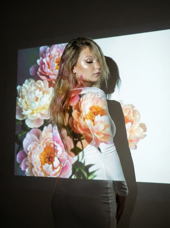 Кинематографический эффект с добавлением зерна. Ультрареалистичный портрет женщины, стоящей на фоне белой стены: её тело немного повёрнуто в сторону.  Фото с нижнего ракурса, фото со спины девушки. Макияж лёгкий: хайлайтер, длинные ресницы. На ней белое однотонное платье по фигуре, с открытой спиной и длинными рукавами. Она не смотрит в камеру. Освещение мягкое, с лёгким акцентом на её лицо, создающее нежные тени и подчёркивающее черты. Вокруг темно — светит только проектор с изображением ярких пионов прямо на девушку и на стену за ней. Только один источник света — проектор.


Какая будет прическа?: Волосы перекинуты на одну сторону и частично падают на лицо 