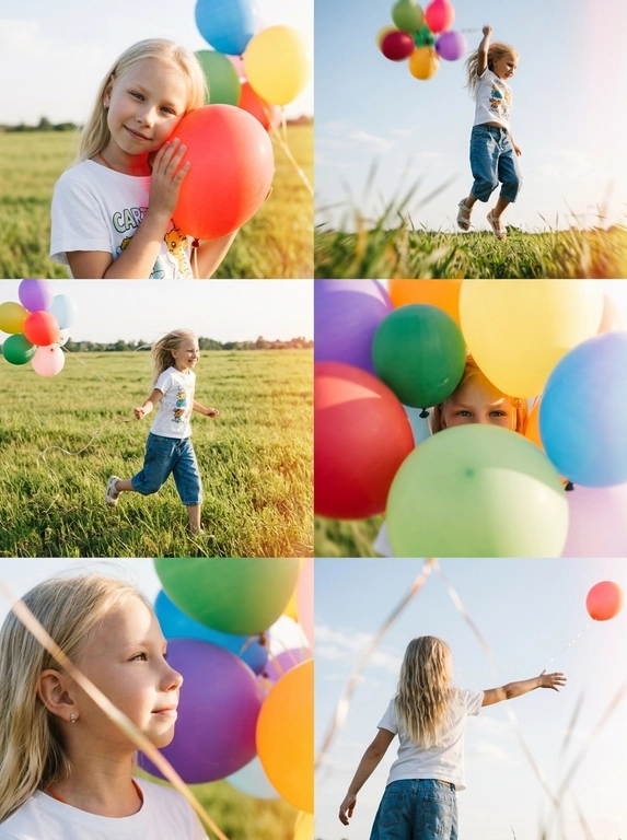 Коллаж из 6 фото в стиле Pinterest, 2 колонки × 3 ряда. На всех кадрах одна модель на ярко-зеленой траве в солнечный летний день со связкой воздушных шариков. Эстетика старой цифровой камеры или пленки начала 2000-х: мягкая зернистость, теплые блики, винтажный контраст и natural candid mood.

На модели белая футболка с персонажем из мультика, свободные джинсовые шорты-бриджи (ниже колен) Levi’s.
Сцены коллажа:
1. Крупный план: модель держит воздушный шарик у щеки, голова немного наклонена к шарику, на лице легкая улыбка. 
2. Вид с земли: модель прыгает в небо, над ней шары, размытые травинки в движении, ощущение полета.
3.  Боковая съемка: модель бежит по траве, гоняясь за улетевшим воздушным шаром, веревочка хлещет по объективу, хаотичная радость.
4. Средний план: модель выглядывает из-за скопления воздушных шаров, видны только глаза, край шара размыт.
5. Крупный план: сияющее лицо модели а профиль, взгляд устремлен в сторону на воздушные шары, размытая нить на фоне кадра, легкая улыбка
6. Съемка через плечо: модель тянется к улетающему воздушному шару, размытые веревочки, горько-сладкая тоска.

Насыщенные оттенки, мягкий свет, dreamy summer editorial aesthetic, realistic retro photo style.

Лет ребенку:: 9

Пол ребенка: Девочка