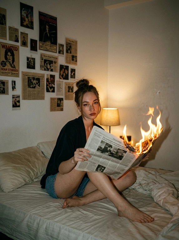 Фотореалистичный фронтальный bedroom-shot в тёплой приглушённой вечерней атмосфере. Женщина расслабленно сидит босиком на неубранной кровати, облокотившись на стену спиной, одна нога согнута, другая нога вытянута, естественная поза. На ней короткие джинсовые шорты и открытый верх без акцента на одежде. Она держит перед собой раскрытую газету, середина и правый край газеты охвачен высоким ярким пламенем. Девушка смотрит прямо в камеру с спокойным, слегка отстранённым выражением лица. Снято с фронтального верхнего ракурса. Небольшая спальня с белой стеной, на стене хаотично развешаны постеры и вырезки, мягкое зерно, эстетика пленочной фотографии 2000-х, low light, низкая экспозиция, warm tungsten lighting, cinematic shadows, moody, candid, домашняя атмосфера, натуральная кожа, мягкий фокус, сильное пленочное зерно, вертикальный кадр.

Доп. характеристики: Волосы в пучок