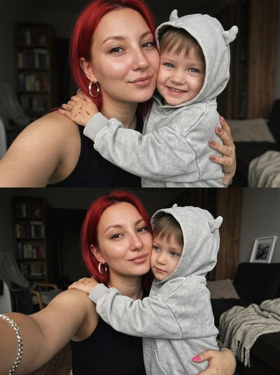 Дорогой lifestyle момент, но снят случайно, как сторис без каких либо табличек. Фотореализм, фото снято на iPhone 17 Pro Max, нет идеальной симметрии нет постановочного ощущения. Кожа выглядит сияющей. видно текстуру кожи, поры, RAW photo. Не меняя внешности людей с фото, модель делает селфи, сцена запечатлена в интимной домашней атмосфере с мягким рассеянным светом, создающим глубокие, но мягкие тени, которые подчеркивают объем и придают объятиям тепло и уют. В кадре ребенок  в светло-сером вареном оверсайз худи с очень объемным капюшоном, который имеет две выступающие детали, напоминающие  рожки; он обнимает модель за плечи, его руки мягко, но крепко охватывают её. Ребенок повернут лицом к камере, в выражении улыбки.

Если модель - женщина, то она одета в черную майку без рукавов, в ушах — большие круглые серьги, которые деликатно сверкают в приглушенном свете. Если модель - мужчина, то он одет в черную футболку. 

Модель повернута слегка в сторону, сохраняя спокойное и уверенное выражение лица четко очерченные брови. Обе фигуры занимают центральное пространство кадра, что усиливает эмоциональную связь между ними, проявленную в нежном объятии и теплых взглядах. Фон интерьера скромный и темный, с ненавязчивыми элементами мебели, частично затененный, что не отвлекает от главных героев, но добавляет глубины и создаёт ощущение домашнего уюта. Тон цветокоррекции выдержан в прохладных серо-синих гаммах с легкими акцентами на теплые оттенки кожи, что придаёт изображению кинематографичную, искреннюю и мягкую атмосферу, полную внутреннего тепла и близости, фотореалистичное изображение, высокая текстурная детализация, высокое качество 
Фото коллаж
Вертикальный, разные позы на фотографии верхней и нижней, но на обоих фотографиях модель делает селфи, одежда должна быть одинаковой.
Негативный промт: телефон в кадре.