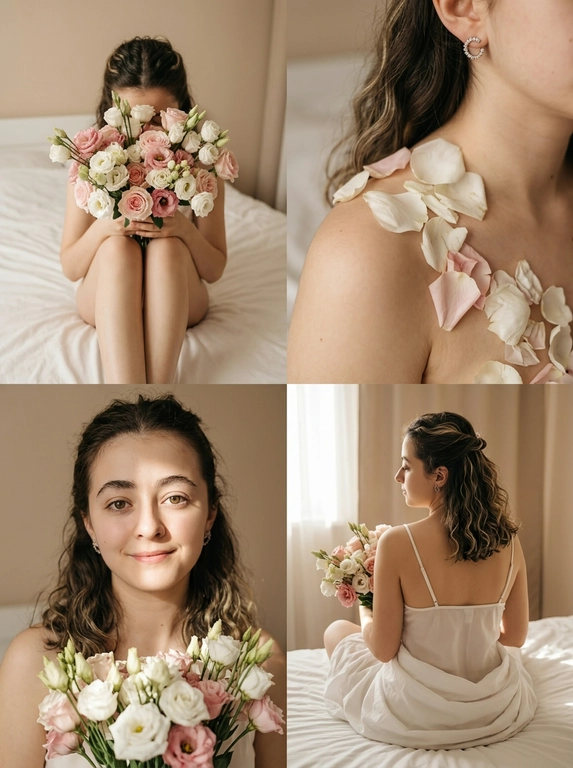 Используй загруженное фото для лица, строго сохрани идентичность, внешность, возраст, волосы, глаза. Коллаж из 4 вертикальных (соотношение 9:16) кадров в едином нежном, романтичном, богемном стиле "утра невесты". Цветовая гамма: теплые, приглушенные, землистые тона (бежевый, кремовый, белый, бледно розовый) с игрой мягкого света и теней.
Кадр 1 (Верхний левый): Человек сидит на кровати, обняв колени, лицо скрыто за большим букетом бело-розовых цветов (эустома/розы). Видна только макушка.
Кадр 2 (Верхний правый): Крупный план плеча, нежно прикрытого бело-розовыми цветами. Видна маленькая бриллиантовая серьга. Акцент на текстуре лепестков и ткани.
Кадр 3 (Нижний левый): Погрудный портрет. Человек смотрит в камеру с легкой улыбкой, держит букет у груди. Контрастный луч света освещает лицо и блики в глазах.
Кадр 4 (Нижний правый): Человек сидит спиной к камере, в белом топе с тонкими лямками, завернутый в белые простыни, с букетом. Голова чуть повернута влево. Акцент на линию спины и плеч. Мягкий свет подчеркивает контуры фигуры.
Сцена: Минималистичная спальня с белым или кремовым бельем.
Реалистичная телефонная съёмка высокого качества, малая глубина резкости, мягкое студийное освещение с контровым светом. Цвета: бежевый, кремовый, белый, бледно-розовый.