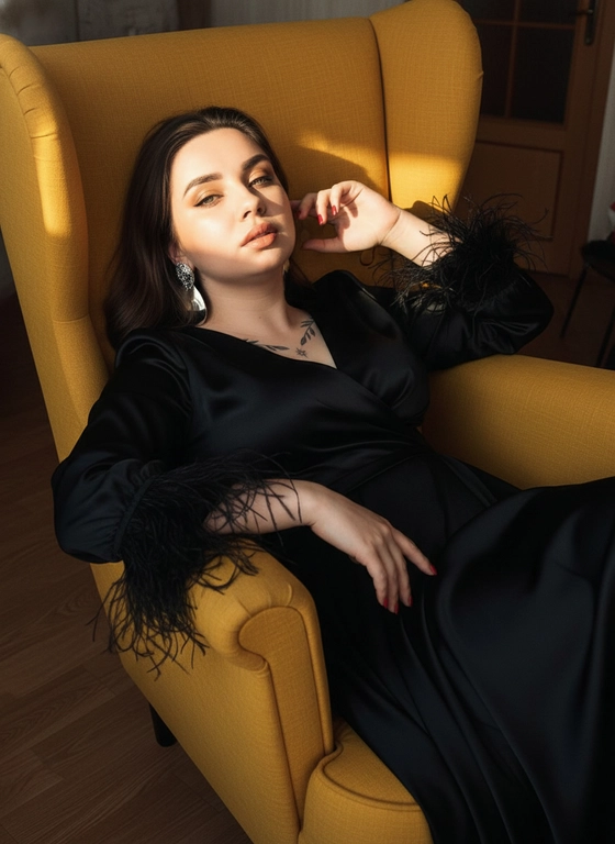 A woman lies in a soft, high-backed chair, her body relaxed and stretched along the seat. Her back is supported by the back of the chair, her head slightly tilted back. One hand rests on her stomach, the other is raised and touching her ear, her fingers lightly brushing an earring. The pose is calm and relaxed. The frame covers the figure from mid-thigh to head, shot from a slightly high angle and from the side, the composition is shifted to the left, and most of the frame is taken up by the brightly coloured chair.

Her skin has an even, matte tone. A warm, beige-gold eyeshadow with a soft blend is applied to the eyelids. A thin black eyeliner runs along the lash line. The lashes are long and separated. The lips are coated with a warm, nude-pink lipstick with a satin finish.

Her hair is styled in soft, loose waves and neatly spread over the back of the chair.

The woman is wearing a long, deep, jet-black dress made of smooth satin with soft folds. The sleeves are decorated with black feathers. She wears large silver earrings with a shiny surface.

The scene takes place in a warmly lit interior. The woman is reclining in a rich mustard-yellow chair with thick fabric upholstery and soft, rounded armrests. The floor is made of warm, light-brown wood. The background is neutral and softly lit, without any pronounced details.

The lighting is warm and directional. The main light source is positioned to the side of the camera and slightly above, creating a bright strip of sunlight on her face, hands, and the fabric of her dress. The shadows are deep and contrasting, with part of the chair and dress immersed in shadow. The light highlights the sheen of the satin fabric and the texture of the chair's fabric upholstery.

Shot with an 85mm portrait lens, using a shallow depth of field with sharp focus on the face and upper body. The background is softly blurred. The textures of the fabric, wood, and feathers are captured in detail. Interior fashion photography, highly detailed, photorealistic.

COLOR GRADING

warm cinematic interior mood,
dominant mustard yellow and deep black tones,
warm golden sunlight highlights,
moderate saturation with warm color emphasis,
high contrast directional lighting,
deep shadow areas with strong highlight streaks,
subtle film-like softness,
clean editorial fashion color grading.