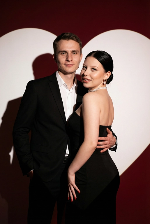 Фотореалистичный редакционный крупный портрет по пояс для пары по референсным фото. Мужчина и женщина позируют вместе, стоят близко. Мужчина одной рукой приобнимает женщину за талию. Фон: тёмно-красный студийный задник, большое белое сердце, проецируемое на стену. Сохранить внешность обоих: реальные черты лица, естественная текстура кожи, реальный цвет и длина волос, без ретуши и изменений. Женщина: облегающее чёрное вечернее платье без бретелей с небольшим разрезом, жемчужный чокер, жемчужные серьги, красный маникюр. Поза в три четверти, спина слегка выгнута, одна рука на поясе или касается руки мужчины. Лёгкая улыбка, взгляд в камеру. Мужчина: чёрный классический костюм, белая рубашка. Прямая осанка, уверенная поза. Взгляд в камеру, легкая улыбка. Свет: драматическое боковое студийное освещение, высокий контраст, чёткие тени на фоне. Композиция: вертикальный кадр по пояс, пара в центре, негативное пространство вокруг сердца. Стиль: фотореализм, модная редакционная съёмка, кинематографическая цветокоррекция (тёплые красные, глубокие чёрные), высокая детализация. Прическа: гладкий низкий пучок.