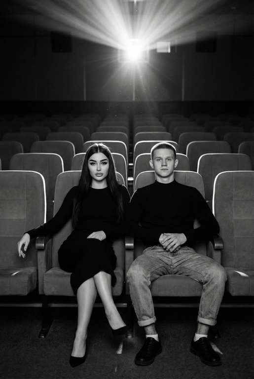  Кинематографичный чёрно-белый портрет пары в пустом кинозале.
Женщина и мужчина сидят рядом в мягких креслах кинотеатра.
кадр с глубоким пространством и пустыми рядами кресел позади них. Женщина черном длинном обтягивающем платье, поза женственная и спокойная, одна рука на подлокотнике.
Мужчина в черном свитере и в джинсах, сидит расслабленно.
Над ними яркий луч проектора, и выразительные блики.