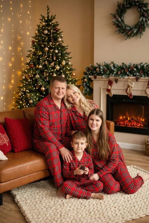   Создай трогательный кадр из профессиональной фотосессии в студии, где запечатлен момент семейной близости. Люди на фото могут быть как взрослыми так и детьми, в зависимости от предоставленных фото. Сделай так, чтобы все они смотрелись гармонично и трогательно. Фото в стиле Энни Лейбовиц, четкий фокус.

Люди в расслабленных позах на низком коричневом кожаном диване и на плотном светлом вязаном ковре. Естественные прически и минимальный макияж. 

Студия украшены в рождественском или новогоднем стиле, рядом с диваном стоит елка, позади дивана камин. Каминная полка украшена еловой гирляндой, шишками и маленькими рождественскими носочками. На диване красные декоративные подушки. В студии висят теплые гирлянды и мягко светятся.  

На фото видно лица людей и они смотрят в камеру.
 
Освещение мягкое, естественное, теплое, в стиле "Золотой час", мягкие тени, камера на уровне глаз, теплый цветовой грейд (золотисто-коричневые тона), натуральные оттенки, тонкая ретушь, мягкая пленочная текстура, атмосфера уюта, семейного тепла и близости. Одежда в стиле классических красных пижам в клетку 