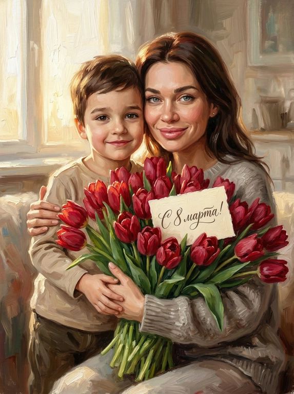 Схожесть 100%, не менять черты лица. Гиперреалистичные вертикальное изображение — точная копия персонажей с референсной фотографии. Персонажи с фотографии мягко улыбаются и обнимают огромный букет красных тюльпанов. Все персонажи одеты в нейтральную повседневную одежду без ярких деталей. Стиль: густая масляная живопись с выраженными мазками (oil painting, heavy brushstrokes). В букет вставлена открытка. На открытке каллиграфическая надпись. Мягкий солнечный свет, малая глубина резкости, создающая ощущение уюта и тепла.

Какая будет надпись?:  На открытке надпись "С 8 марта!"