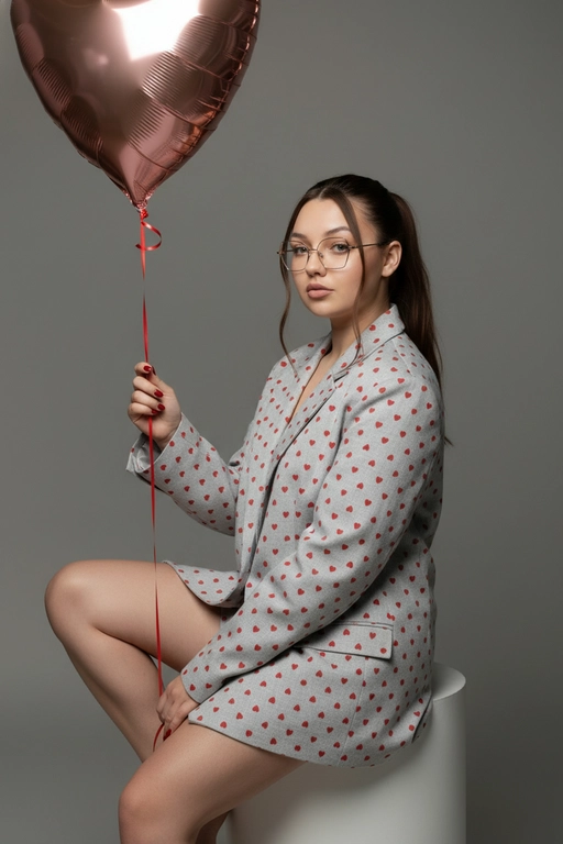 Ультрареалистичное 8K изображение женщины в сером oversize пиджаке в мелкое красное сердечко, сидящей на круглом пьедестале. Она сидит, поджав одну ногу. Пиджак драпируется по ее телу, Фон нейтральный серый, создающий контраст с ее ярким обликом. Стиль: мода с акцентом на силу и женственность. В руке она держит фольгированный красный большой гелевый шар в видео сердца на красной ленте за которую она держит. Освещение студийное, подчеркивающее ее лицо и силуэт, создавая тени, которые акцентируют внимание на линии тела и текстуре пиджака. Фото по пояс. Кожа сияет, губы розовые матовые, ногти красные короткие.
Стиль vogue. Волосы собраны в высокий длинный хвост, спереди две прядки