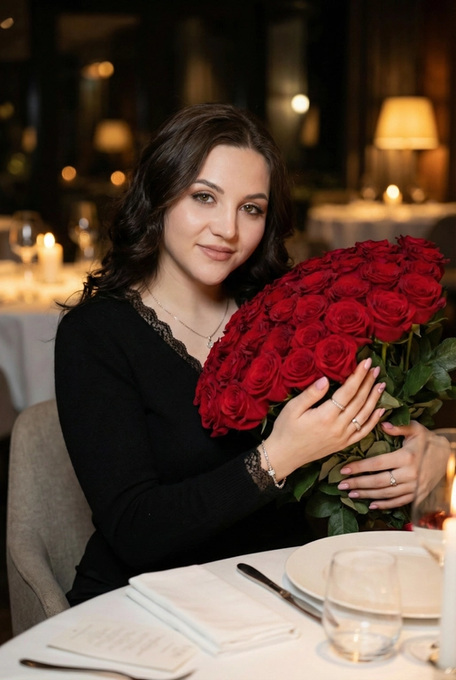 Женщина в дорогом ресторане сидит за сервированным столиком. Не меняй внешность, цвет волос и стрижку. Темное фото, теплые огни. В руках у нее огромный букет из 51 красной розы. Спонтанное фото в движении, немного смазано. Гламурный, но естественный макияж, серебряный браслет на руке, кольца, нежный маникюр. На шее тонкая серебряная цепочка и маленький кулон. Она смотрит в камеру, легкая улыбка.

Она одета в черный кашемировый тонкий лонгслив с V-образным вырезом, отделанным тонким кружевом на воротнике и манжетах.