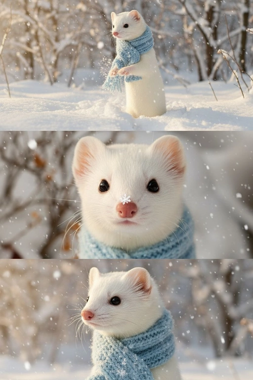     Коллаж из 3-Х фото моего питомца на зимнем фоне в снегу. Питомец в вязаном шарфе, вокруг падает снег, на заднем плане заснеженный лес.

Первый кадр — питомец в полный рост. Он играется со снегом 

Второй кадр — крупный план, увеличенный кадр мордочки питомца с одной снежинкой на носике. Мордочка питомца занимает весь кадр, взгляд прямо в камеру 
 
Третий кадр - портрет питомца, он смотрит в левую сторону. На фото виден шарф, на шарфу есть снежинки 

Три кадра объединены в вертикальный коллаж в едином тоне и свете. Атмосфера — реалистичная, теплая и немного кинематографичная.
Свет мягкий, утренний. Цвет шарфа - голубой