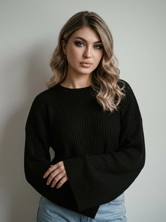 Фотореалистичный атмосферный fashion-портрет модели на нейтральном сером фоне. 
Портрет примерно по пояс. Модель слегка наклоняет голову в сторону и смотрит прямо в камеру со спокойным серьёзным выражением.

Одна рука расслабленно лежит перед корпусом. 
Натуральная текстура кожи, без эффекта фарфоровой ретуши.

Если модель - женского пола, то добавить ей макияж с акцентом на глаза: мягкие тёмные тени, длинные ресницы, аккуратно оформленные брови, естественного оттенка матовые губы, минималистичные маленькие металлические серьги. 

Однотонная светло-серая стена на заднем плане, без лишних предметов. Мягкий рассеянный свет спереди и немного сверху, плавные тени по лицу, приглушённая экспозиция, холодновато-нейтральная цветокоррекция. Лёгкая виньетка и заметное мелкое плёночное зерно создают настроение редакционной fashion-съёмки.

Объектив 50–85 mm, малая глубина резкости, sharp focus on eyes, слегка мягкие края кадра, editorial photography, moody minimalism, natural skin texture, subtle film grain, high detail, photorealistic, ultra realistic, без текста и водяных знаков.

Какая будет одежда?: На модели свободный чёрный трикотажный верх с выраженной вертикальной фактурой ткани. Верх с очень длинными широкими рукавами, создающими мягкий объём. На модели голубые джинсы. Образ выглядит минималистично, сдержанно и немного драматично.