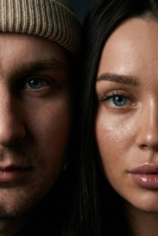   создай портрет, не меняя черты лица. Крупный план (extreme close-up) двух лиц людей, их лица прижатых друг к другу. Видны только половины каждого лица.
Драматичное освещение в стиле чиароскуро, глубокие тени.
Невероятная детализация кожи: видны поры, текстура, естественный блеск у женщины.
Выразительный взгляд прямо в камеру. Высокое разрешение, макросъемка, профессиональное студийное фото, 8K.