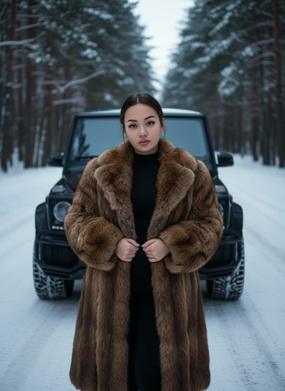Создай, не меняя черты лица. Реалистичный снимок, высокая детализация лица, кадр на заснеженной лесной дороге при холодном мягком зимнем освещении, подчёркивающем контраст суровой природы и гламура.  
Портретная съёмка. Женщина стоит у машины, смотрит в камеру. На ней чёрный облегающий комбинезон с длинными рукавами и высоким горлом, длинная, объёмная, натуральная меховая шуба коричневого цвета с фактурой, руки перед собой. Свет и тени акцентируют линии тела и стройность позы, мощная машина на фоне сочетает индустриальную холодность с природной суровостью. Снег покрывает землю, создавая контраст тепла меха и мороза, придавая атмосфере таинственность и силу. Цвета — приглушённые тёмные и естественные с акцентом на чёрное и коричневое, как кадр из кинематографичного модного фотопроекта, фотореалистичное, высокая текстурная детализация, 4К. Сзади автомобиль Mercedes‑Benz G 63 AMG