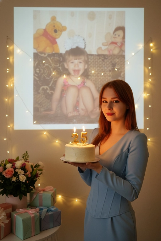 Создай ультрареалистичное фото, сделанное на камеру телефона в комнате, где изображен человек, который держит бенто торт с горящими золотыми свечами. В качестве фона на однотонную стену проецируется фотография из детства. Спроецированное фото занимает большую часть фона. Сочетание образов взрослого человека и ребёнка на фоне создаёт тёплую, ностальгическую атмосферу, подчеркивая связь между прошлым и настоящим. На стене висят гирлянды, рядом со стеной виднеются подарки и букет цветов. Снимок выглядит очень стильным и продуманным, присутствует ощущение праздника и воспоминаний. Не меняй внешность, полностью сохрани черты лица. Свечи на торте в форме числа 25. Женщина одета в голубое корсетное платье.