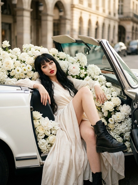Ultra-realistic cinematic fashion editorial of a woman inside a vintage convertible filled with dense white flowers (roses, peonies, hydrangeas), covering seats and overflowing edges.
Close to medium-full body, legs dominant in foreground. Camera slightly above door level, side angle. Foreground: car door + flowers closer to lens. Background: softly blurred Paris-style architecture. Shallow DOF, creamy bokeh.
Pose: reclined in flowers, legs bent toward camera, one knee higher, body leaning back, head slightly tilted, relaxed confident gaze, arms resting naturally.
Styling: light white/cream soft dress (loose, romantic fabric) + black chunky leather combat boots.
Makeup: red lipstick, thick lashes.
Lighting: golden hour + direct flash (Y2K look), soft highlights, warm cinematic grading, slight haze.
Details: realistic skin texture (visible pores), natural shadows, detailed imperfect petals, fabric folds, soft reflections on car.
Shot on 50mm, f/1.8, ultra-detailed, 8k, photorealistic, no Al artifacts.
Mood: romantic luxury editorial, soft vs rough contrast.

Какого цвета будет машина?: Цвет машины белый.