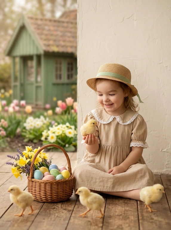 Ребёнок с лицом и улыбкой точь-в-точь как на фото. Ребёнок сидит на фоне светлой стены, сзади — размытый деревянный зелёный домик и цветы вокруг, сидит на полу с плетёной корзиночкой. В корзине — жёлтые цветы, лаванда и разноцветные пасхальные яйца. Вокруг ребёнка — маленькие жёлтые живые цыплята, одного держит в руках. Ребенок улыбается, как на фото, не менять лицо. 

Выбрать пол ребенка: Девочка в бежевом платьице с белыми кружевами рукавами фонариками. На голове соломенная шляпа с ленточкой.