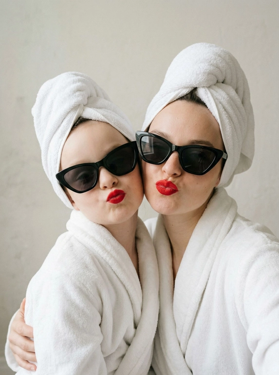 Стильная портретная фотография матери и дочери в светлом интерьере. Обе в белых халатах, на голове белые полотенца, как после душа. На глазах крупные черные солнцезащитные очки cat-eye. Яркая красная помада. Они позируют близко друг к другу, делают губы «уточкой», игривое выражение лица. Кадр по грудь, вертикальный формат 4:5. Мягкий рассеянный дневной свет, светлая нейтральная стена на фоне, минимализм, чистая цветокоррекция, легкий пленочный grain, lifestyle, модный Pinterest-вайб, высокая детализация кожи, реалистичная текстура ткани.