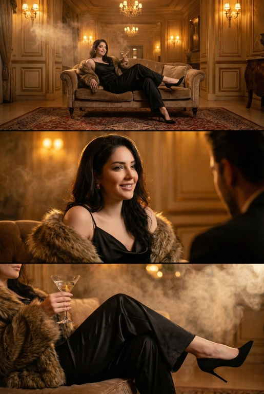 Создай кинематографичный коллаж формата 2:3, состоящий из трёх горизонтальных кадров, расположенных друг под другом. Атмосфера — роскошный барочный гостиничный холл, тёплый янтарный свет, мягкая дымка, винтажные бра, позолоченные панели, бархатная мебель. Женщина с харизмой жены мафии в тёмном атласном комбинезоне на бретелях и роскошном меховом палантине.

Кадр 1 (верхний): широкий план. Женщина расслабленно лежит на бархатном диване, одна нога вытянута, чёрные острые шпильки упираются в ковёр. В руке — бокал мартини. Комната наполнена дымом и тёплым светом.

Кадр 2 (средний): средний портрет. Она слегка улыбается, общаясь с кем-то за кадром. Свет подчёркивает её волосы и мех на плечах. Атмосфера интимная и тёплая.

Кадр 3 (нижний): крупный акцент на детали. Её рука с бокалом, текстура мехового палантина, атлас комбинезона, изящный изгиб ноги в чёрных шпильках, дымка вокруг.

Стиль: кинематографичный, дымный, атмосферный, глубокие тени, мягкие блики, богатые текстуры, настроение нео-нуар.