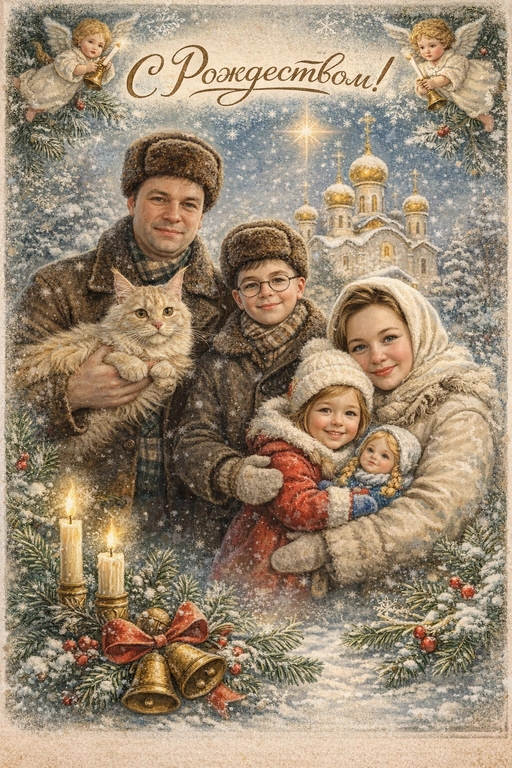 Создай винтажную рождественскую открытку со всеми людьми или одним человеком из предоставленных фотографий. Стиль - советские сказочные открытки 1950-1970-х годов, мягкая живописная иллюстрация, ощущение тепла и уюта. Композиция и формат: • Персонажи остаются в центре композиции • Фон - православная церковь, зимняя сказочная атмосфера Лица: • Лица сохранить максимально похожими на оригинальную фотографию (one-to-one likeness) • Без изменения черт лица, возраста и эмоций • Реалистичное сходство, аккуратная художественная стилизация без искажений. Одежда и образы: • Заменить современную одежду на старинную зимнюю советскую одежду. Если человек- женского пола , то добавь белый платок на голову. ⁠ Декор и детали:  • Хвойные ветки • ангелочки в сказочном стиле, церковные свечки • Лёгкий снег, морозные узоры Цвет и атмосфера: • Светлая, зимняя, мягкая цветовая палитра • Пастельные оттенки, эффект старой бумаги, легкое зерно • Сказочное, теплое новогоднее настроение  • Шрифт - изящный, рукописный, сказочный, в стиле советских открыток. Надпись: «С Рождеством!»