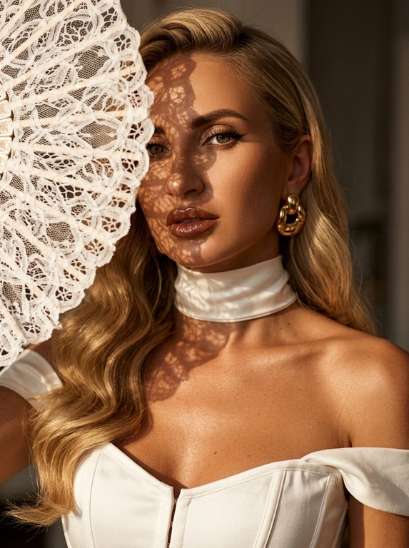 Ultra realistic beauty editorial portrait. Крупный портрет модели: лицо, шея и плечи, лёгкий наклон камеры. Белый кружевной веер частично закрывает лицо, создавая чёткие lace shadows на щеке, глазе, шее и ключице.
Белый структурный корсет с открытыми плечами и плотный satin neck wrap, плотно облегающий шею.  Макияж: sharp eyeliner, длинные ресницы, glossy brown lips, сияющая бронзовая кожа с натуральной текстурой.
Тёплый направленный свет, глубокие тени, золотистый glow, крупные золотые серьги, cinematic contrast, subtle film grain, Vogue aesthetic, RAW realism, ultra detailed 8K, no plastic skin.

Какая будет прическа?: Крупные мягкие голливудские волны, уложенные на один бок, элегантный glam-эффект.