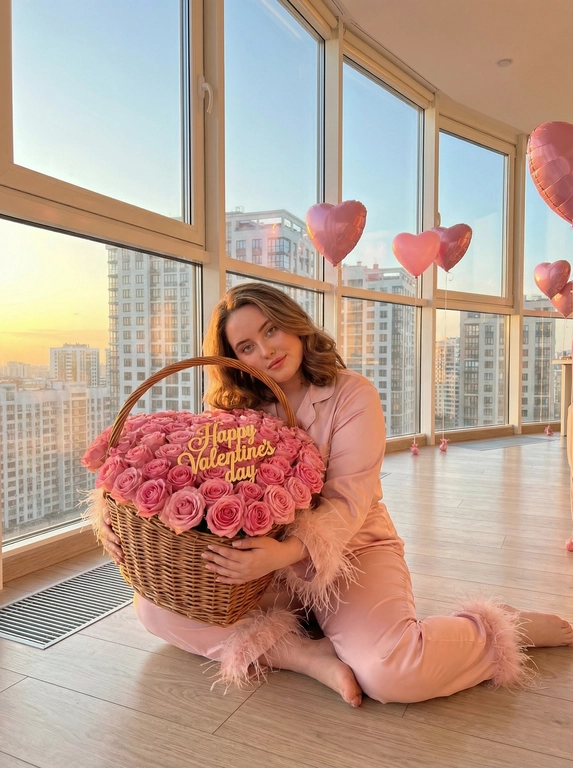   Женщина сидит на полу на коленях в помещении с панорамными окнами, через которые видны городские высотки в мягком закатном свете. За женщиной виднеются несколько розовых воздушных шаров в форме сердца. Стиль фото – что-то между модной съемкой и lifestyle-фотографией, с акцентом на нежность и романтику. Цветовая гамма теплая, с преобладанием розовых и золотистых оттенков. Женщина одета в шелковый пижамный костюм нежно-розового цвета, рукава которого отделаны перьями. Она обнимает большую корзину в форме сердца, наполненную розовыми розами. На розах надпись золотыми буквами "Happy Valentine's day". Женщина слегка наклонила голову, создавая непринужденную и расслабленную позу.

