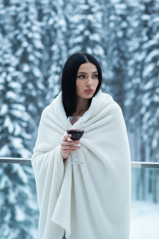Профессиональная фотография потрясающей женщины в стиле fashion lifestyle со сверхвысоким разрешением, возьмите за основу прилагаемую фотографию и максимально сохраните все черты лица, сохранив точные черты лица, цвет глаз, волос и тон кожи, завернутые в толстое белое пушистое одеяло, с бокалом красного вина в руках. вино, задумчиво смотрящий в сторону с поджатыми губами, на современном стеклянном балконе с видом на густой заснеженный еловый лес зимой, мягкий естественный рассеянный дневной свет с прохладными тенями, портрет крупным планом, снятый от груди и выше под небольшим углом, безмятежная уютная романтическая атмосфера, холодные бело-голубые снежные тона с теплыми акцент на красном вине, небольшая глубина резкости, четкий фокус на лице и бокале, фон в стиле боке, редакционный снимок красоты, 8K, сверхдетализированная, профессиональная фотография.