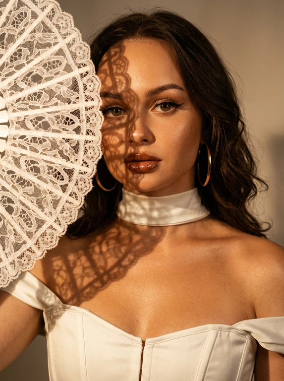 Ultra realistic beauty editorial portrait. Крупный портрет модели: лицо, шея и плечи, лёгкий наклон камеры. Белый кружевной веер частично закрывает лицо, создавая чёткие lace shadows на щеке, глазе, шее и ключице.
Белый структурный корсет с открытыми плечами и плотный satin neck wrap, плотно облегающий шею.  Макияж: sharp eyeliner, длинные ресницы, glossy brown lips, сияющая бронзовая кожа с натуральной текстурой.
Тёплый направленный свет, глубокие тени, золотистый glow, крупные золотые серьги, cinematic contrast, subtle film grain, Vogue aesthetic, RAW realism, ultra detailed 8K, no plastic skin.

Какая будет прическа?: Не менять мою прическу