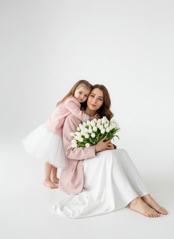 Не меняя черты лица и телосложение.
Объедини людей на фото. Не меняй внешность людей.
Женщина одета в белое платье в пол, босые ноги, розовый пиджак, в руках огромный букет белых тюльпанов, волосы каштанового цвета слегка волнистые, лёгкий макияж. Девочка 3 года одета в белую фатиновую объемную юбочку которая слегка виднеется из под розового пиджака, босые ноги, волосы девочки распущены.
Женщина сидит на полу в белой циклораме, девочка слегка обнимает маму
