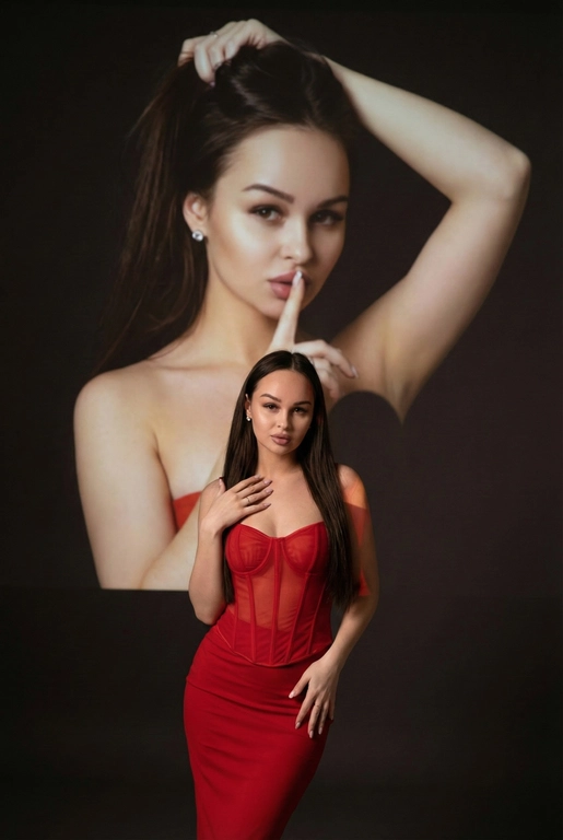 Создайте фотографию женщины в элегантной позе. На ней — слегка прозрачный облегающий красный корсет и длинное облегающее красное платье. Одной рукой она касается области груди, а другой — мягко опирается на бедро, что создаёт динамичную позу. Она смотрит с уверенностью и чувственностью. На ней простые серьги.
Эта женщина на переднем плане занимает меньшую часть высоты изображения. На ней — слегка прозрачный облегающий красный корсет и длинное облегающее красное платье.
Фон тёмный и минималистичный, с мягкой теневой проекцией той же женщины (в другой позе или в виде абстрактной фигуры) в верхней части изображения. Проекция — естественное цветное изображение женщины, которая представлена значительно крупнее и занимает большую часть верхней части фона. Она выглядит соблазнительно: одной рукой держит волосы, а палец другой руки прижала к губам, смотря при этом соблазнительным взглядом.
Не изменяй черты лица. Не менять мою прическу
