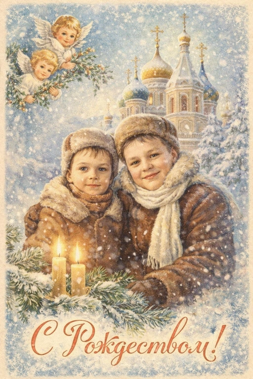 Создай винтажную рождественскую открытку со всеми людьми или одним человеком из предоставленных фотографий. Стиль - советские сказочные открытки 1950-1970-х годов, мягкая живописная иллюстрация, ощущение тепла и уюта. Композиция и формат: • Персонажи остаются в центре композиции • Фон - православная церковь, зимняя сказочная атмосфера Лица: • Лица сохранить максимально похожими на оригинальную фотографию (one-to-one likeness) • Без изменения черт лица, возраста и эмоций • Реалистичное сходство, аккуратная художественная стилизация без искажений. Одежда и образы: • Заменить современную одежду на старинную зимнюю советскую одежду. Если человек- женского пола , то добавь белый платок на голову. ⁠ Декор и детали:  • Хвойные ветки • ангелочки в сказочном стиле, церковные свечки • Лёгкий снег, морозные узоры Цвет и атмосфера: • Светлая, зимняя, мягкая цветовая палитра • Пастельные оттенки, эффект старой бумаги, легкое зерно • Сказочное, теплое новогоднее настроение  • Шрифт - изящный, рукописный, сказочный, в стиле советских открыток. Надпись: «С Рождеством!»