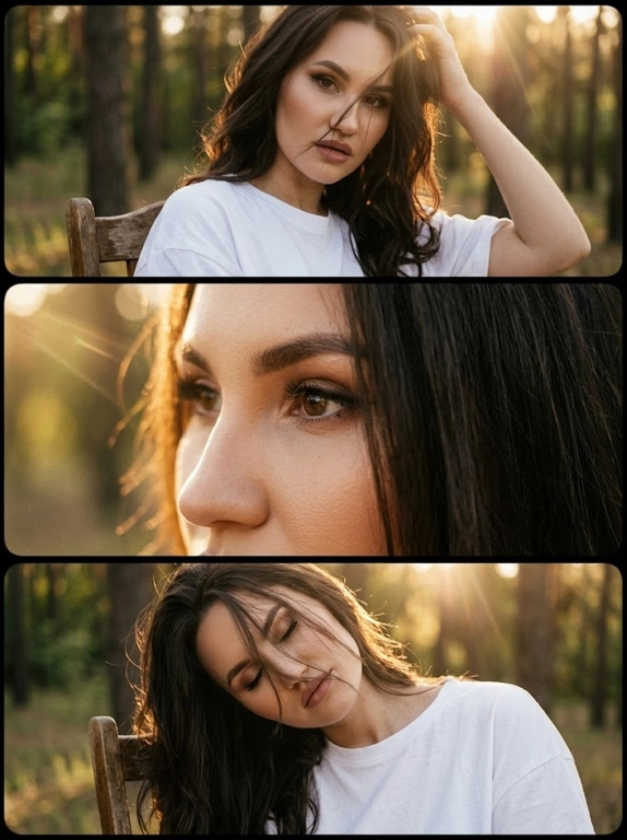Не меняй черты лица, оставь их точь-в-точь как на загруженном фото, в том числе макияж и волосы. Композиция из триптиха изображает модель, сидящую в лесу на деревянном стуле в золотой час. На ней свободная белая футболка, фото по пояс. На верхнем кадре портрет лица крупным планом: модель сидит и смотрит в камеру, лицо повернуто боком, она поправляет волосы, на заднем плане лес. На центральном кадре близкий ракурс глаз той же модели, боком к камере. На нижнем кадре портрет крупным планом: изображена та же модель, голова наклонена в сторону, глаза закрыты. На всех кадрах её волосы падают на лицо, закрывая часть. Цветовая палитра приглушённая. Общий стиль наводит на романтику, присутствует видимая зернистость. На каждом кадре присутствует солнечный свет. На каждом кадре кинематографический эффект с добавлением зерна. Причёска везде одинаковая.